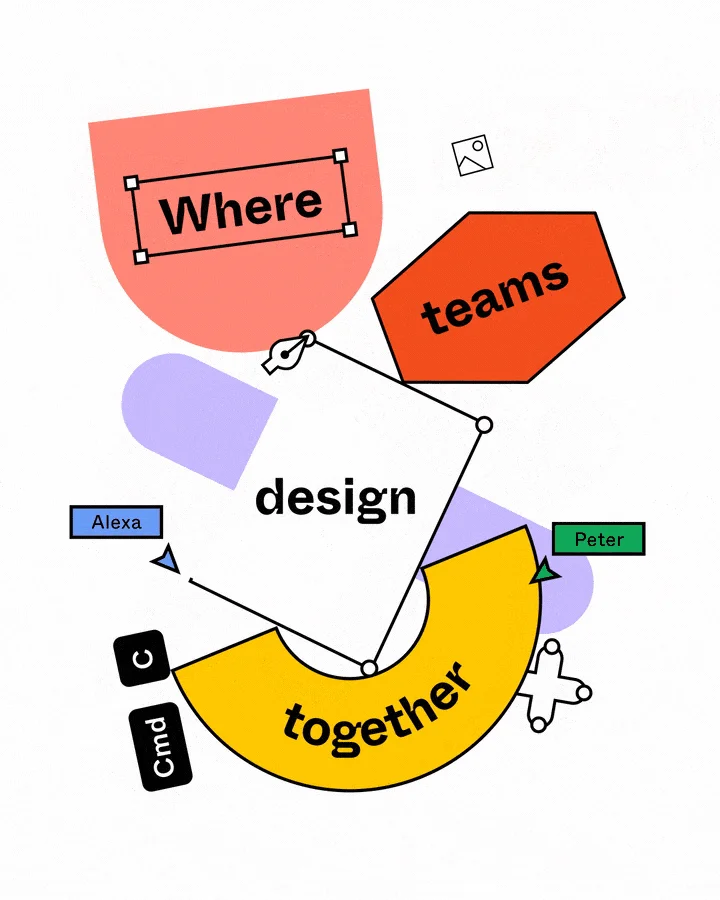 Figma brand artwork: the words “Where teams design together” on stacked, leaning shapes, with selection handles, a pen tool and named multiplayer cursors